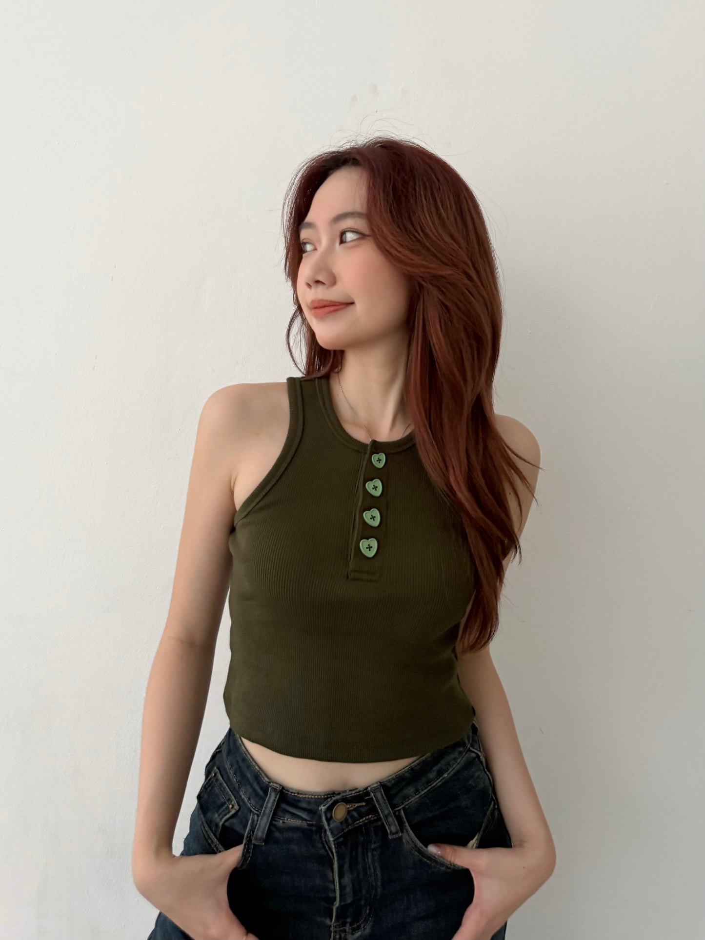 Cu Button Tank Top (Army Green)